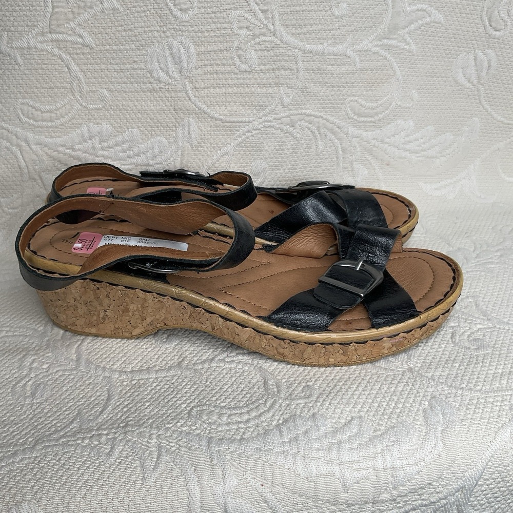 Josef Seibel Black Leather Sandals Women's 8 EU 39 Ankle Strap Cork Platform